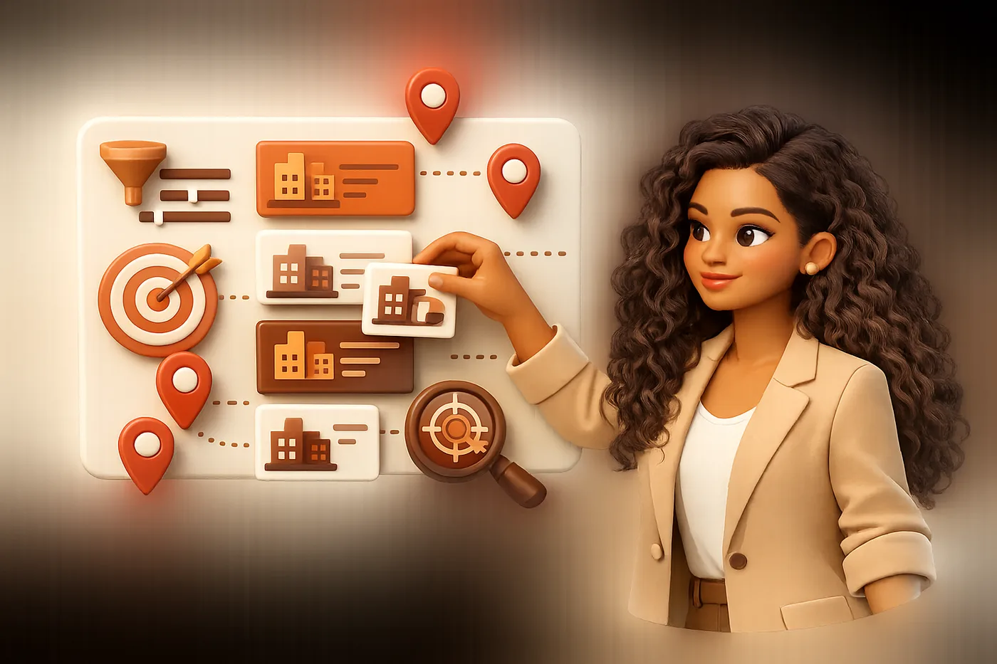Sélection d'entreprises cibles sur un tableau, avec filtres, cibles et points de localisation