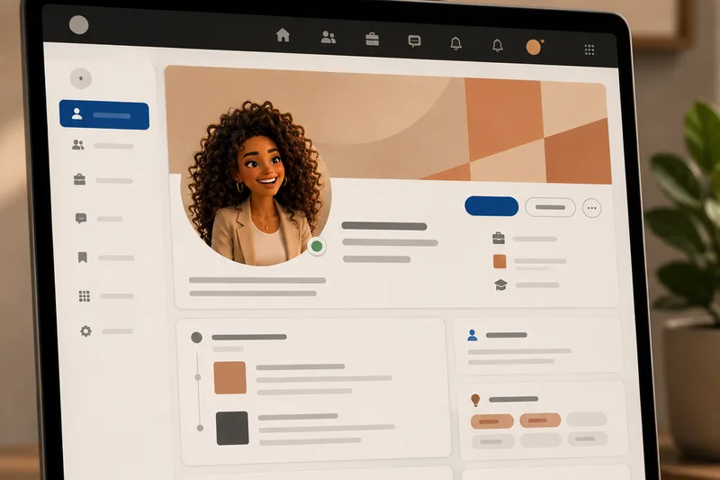Profil professionnel affiché sur un ordinateur portable, avec photo et rubriques de compétences